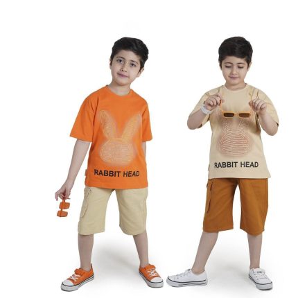 تیشرت شلوارک پسرونه کتان طرح خرگوش گلدوزی شده